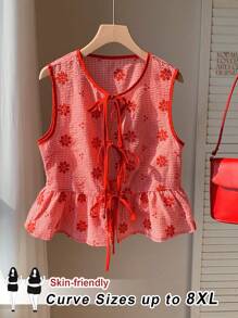 SHEIN CURVE+ 大码女式无袖休闲系带衬衫，时尚，适合夏季