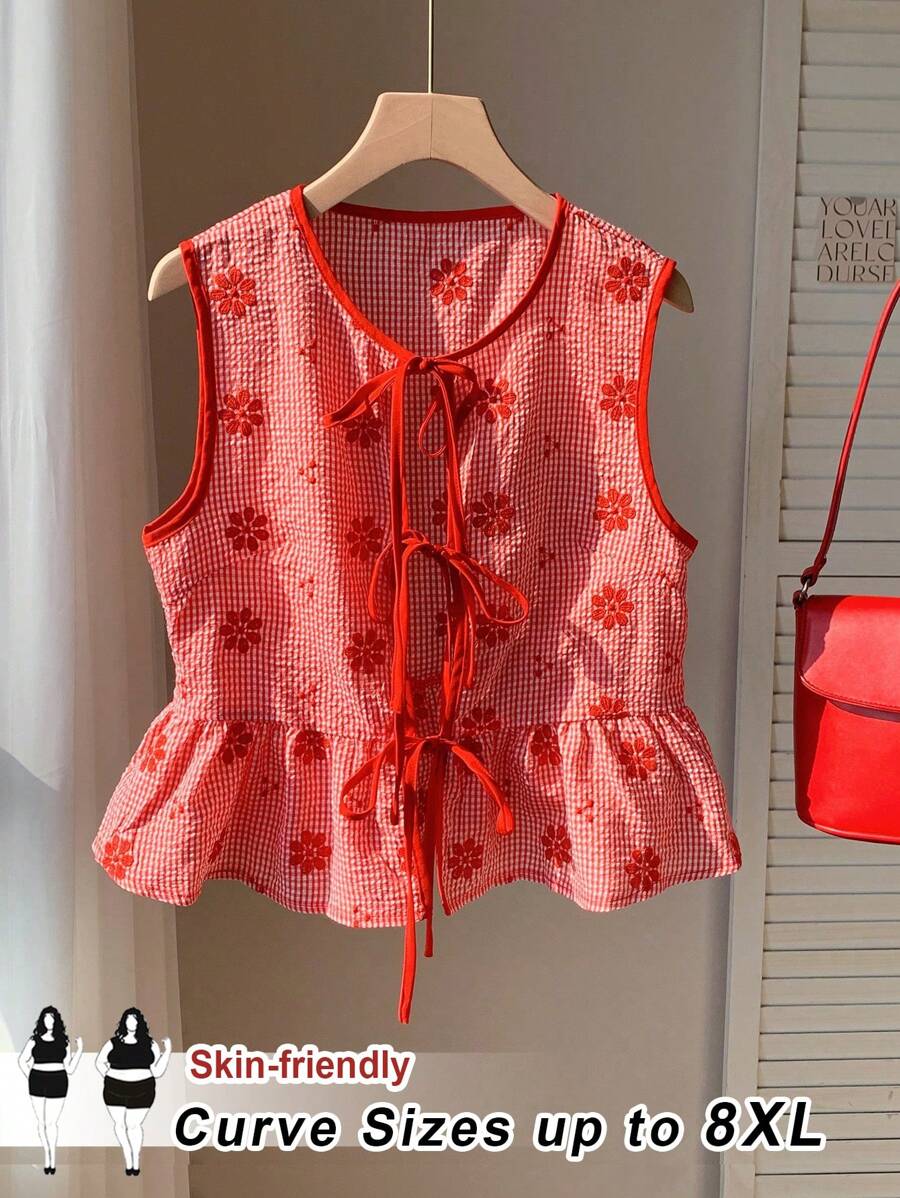 SHEIN CURVE+ 大码女式无袖休闲系带衬衫，时尚，适合夏季