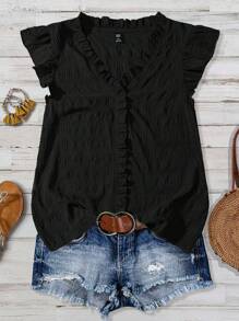 Linhara Plus Size Women's Solid Color Textured Fabric V-Neck Ruffle Trim Puff Sleeve Fitted Casual Regular Blouse - Black - View 6