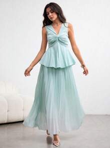 Modelyn Women's Sleeveless Solid Color Twist Knotted Top & Pleated Midi Skirt 2 Pieces Set, Elegant Summer - Mint Green - View 3