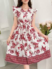 Đầm chữ A cổ bèo nhún họa tiết hoa thanh lịch cho bé gái tuổi teen, đầm thường ngày mùa hè - Màu Hồng Tươi - Xem 3