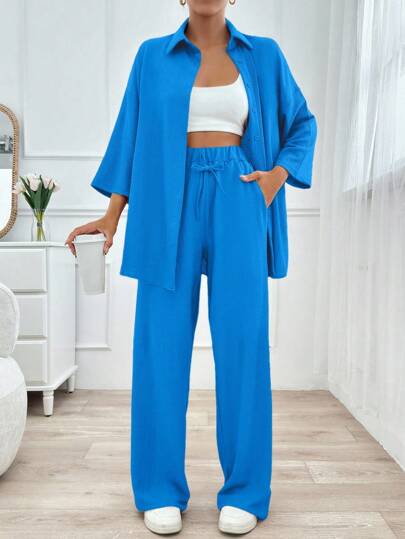 SHEIN Große Größen Damen 2 Stücke Set aus Langarm-Oberteil mit Knopfleiste und Lange Hose mit Vorderbindung, minimalistischer Stil