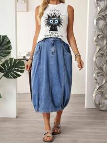 EMERY ROSE Women's Loose Casual Flower Bud Denim Skirt With Pockets - Blue - View 4