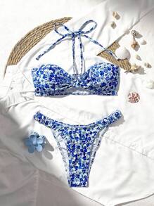 Swim Mod 女款夏季新款時尚海灘泳衣，復古碎花無肩帶前綁式荷葉邊泳褲泳衣套裝 - 彩色 - 查看 5