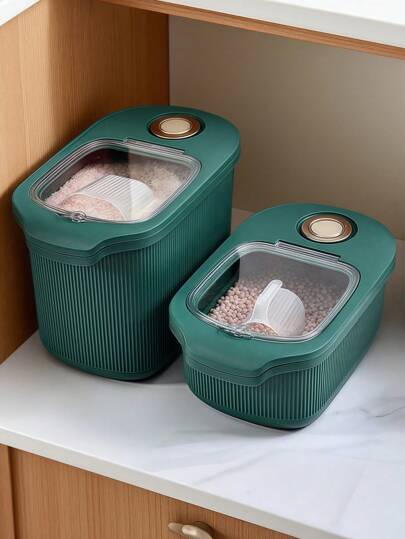 Large Capacity Rice Bucket For Home Use, Green, With Insect & Moisture Proof Sealed Lid, Thickened Storage Container For Rice And Flour, Transparent & Visible, Can Hold