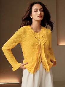 Anewsta 2件套女士套装 - 纯色喇叭袖纽扣开衫和无袖针织上衣 - 黃色 - 查看 5