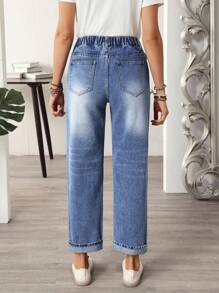 SHEIN LUNE Jeans casuales y versátiles con bolsillo bordado con flores para mujeres - Azul - Ver 2