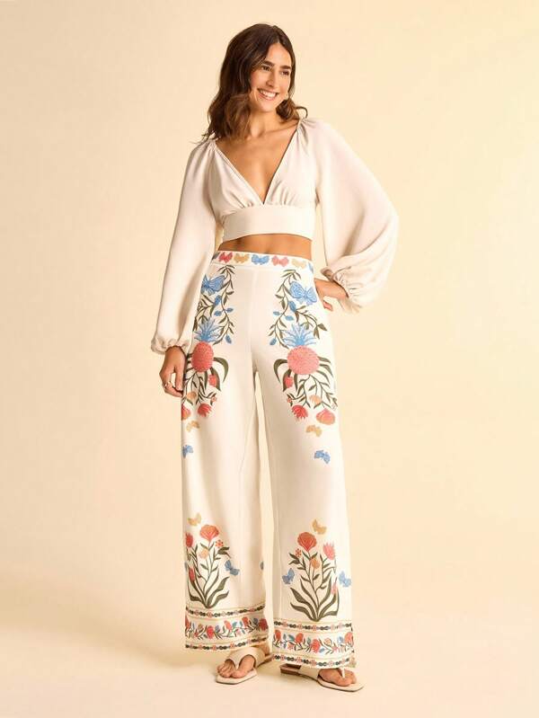 CAJUNI Women's High Waist Floral Print Side Split Wide Leg Palazzo Pants, Suitable For Vacation