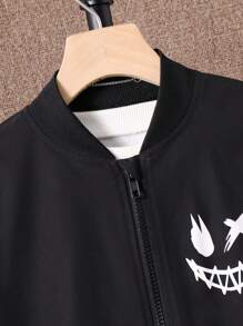 SHEIN Leap Crew Tween Boy Smiling Face Pattern Long Sleeve Casual Baseball Collar Windbreaker Jacket  Suitable For Kids Outfits Toddler Boy Clothes Back To School Boys Set Suitable For Birthday Parties, Evening Parties, Performances, Weddings, Baptisms, Opening Ceremonies Daily Suitable For Daily Use Suitable For School Suitable For Travel Suitable For Sports Suitable For Spring, Autumn And Winter Seasons Fall - Black - View 7