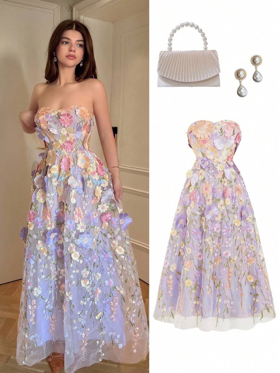 Selianne 最新设计浪漫优雅紫色花卉刺绣薄纱腰部收紧无袖连衣裙，适合春夏季