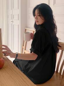 DAZY 女士宽松短袖中长款衬衫裙/连衣裙 - 黑色 - 查看 5