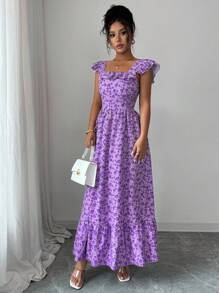 Elenzga Vestido feminino elegante com estampa floral e babados