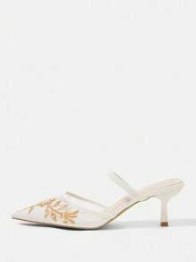 CUCCOO HITCHD 女士花卉刺绣蕾丝珍珠尖头细高跟鞋优雅浪漫性感白色网眼高跟鞋、穆勒鞋、正装鞋、新娘鞋、伴娘鞋、婚礼宾客鞋、时尚派对正式服装，适合秋冬、新年、春节 - 白色 - 查看 8