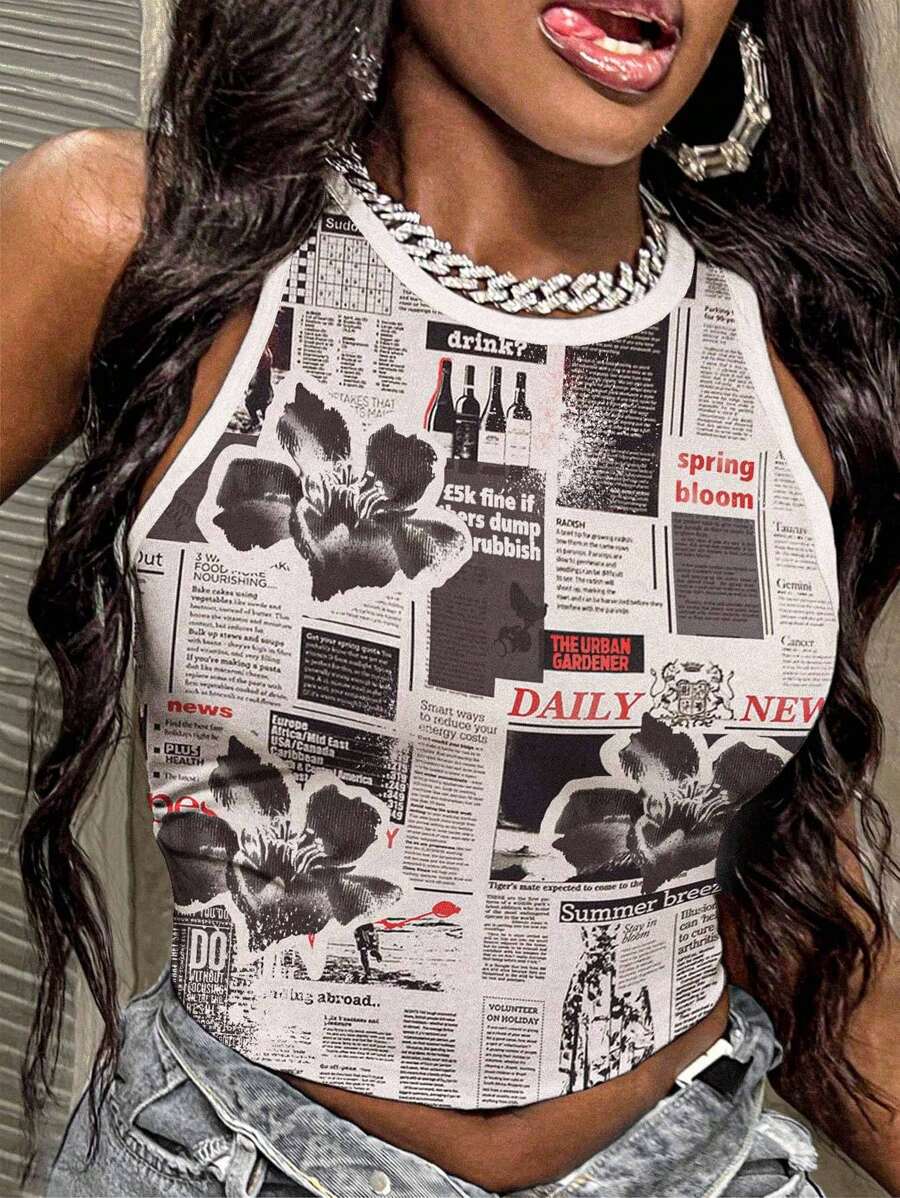 Slaydiva 2025 春夏 Y2K 街头潮流，拼贴报纸海报印花，花卉图案，休闲简约圆领紧身背心，女士夏季 - 彩色 - 查看 1