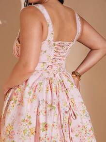 SHEIN BAE 女士大码服装 婚纱 伴娘服 迷你裙 派对服 约会服 节日服 大码女装 夏季 暑假 约会 旅行服 情人节 连衣裙 小碎花裙 野餐服 优雅连衣裙 女士夏季服装/春季服装/情人节服装/狂欢节/海滩度假服装，紧身胸衣裙 - 粉色 - 查看 3