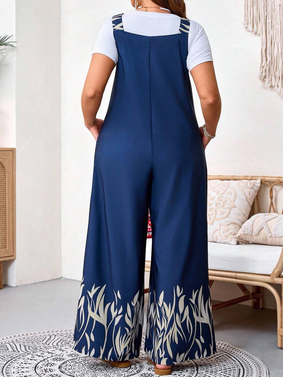 Plus Size Women's Navy Blue Boho Summer Jumpsuit,Flower Pattern Beach Holiday Outfits,Adjustable Straps Bodysuits With Pockets,Resort Vacation Clothes