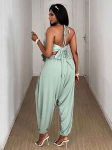 Maweii Summer Casual Sexy Backless Halter Top & Pants 2 Pieces Set, Plus Size Vacation Outfit - Green - View 3