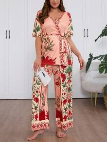 Serenescape Plus Size Women Tropical Plant Print Short Sleeve Top And Pants Pajama Set, Summer - Multicolor - View 1
