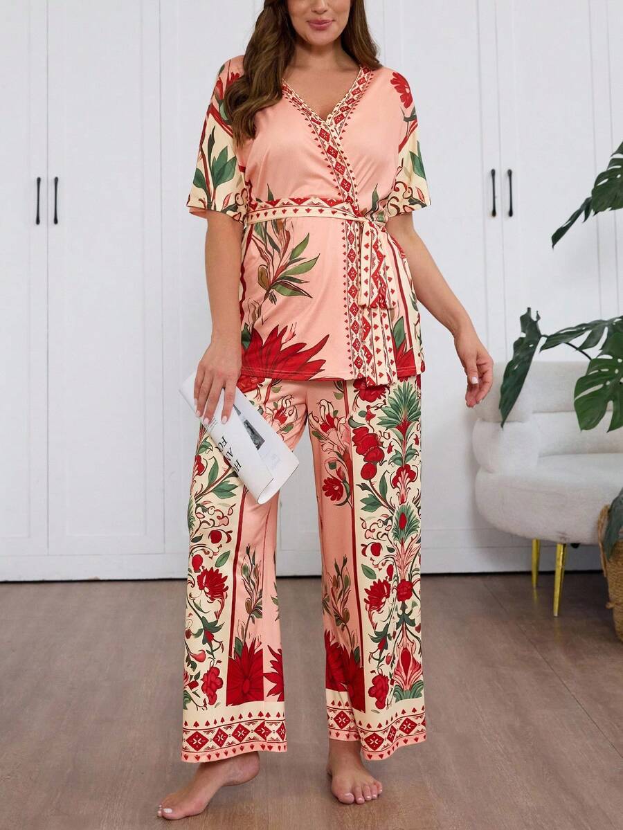 Serenescape Plus Size Women Tropical Plant Print Short Sleeve Top And Pants Pajama Set, Summer - Multicolor - View 1
