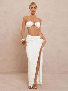 Lumalex 全白派对女装秋季适度老钱闪光假日派对郊游夏季泳衣游泳度假波西米亚风 BOHO 海滩热户外丰富层次婚礼季节宴会成年礼海滩海边女士单件荷叶边腰休闲裙沙滩裙度假女士开衩裙 - 杏色 - 查看 7