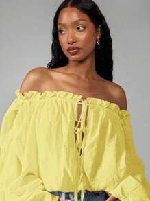 MISSGUIDED Off Shoulder Peasant Top Boho Chic Summer Puff Sleeve Blouse Gathered Crop Festival Beach Vacation Spring - Yellow - View 5