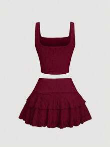 Sweetra Bộ đồ thường ngày 2 mảnh ren nhún bèo thời trang dành cho nữ và chân váy xếp lớp, thích hợp mặc đi nghỉ và mặc hàng ngày, mùa xuân/hè - Màu Đỏ Sâu - Xem 2