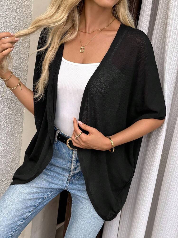 Women's Casual Solid Color Batwing Lightweight Semi-Sheer Cover-Up Jacket Fall Autumn Going Out Black Summer Open Front Jacket