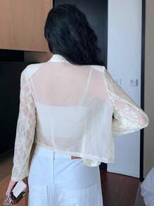 DAZY 女士宽松休闲街头风格撞色蕾丝长袖夹克薄外套，适合春、夏、秋、秋季女装 - 米色 - 查看 8