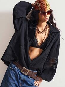 Bohemela 大码纯色简约镂空长袖衬衫，休闲日常穿着