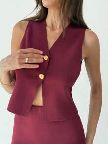 Aloruh 婚礼宾客礼服女式优雅简约时尚通勤无袖 V 领针织背心和高腰荷叶边下摆 A 字型中长连衣裙套装，秋冬季端庄 - 咖啡棕 - 查看 5