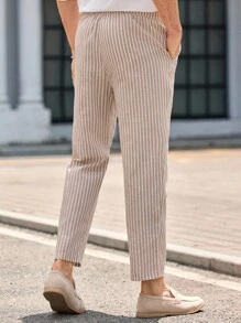 Manfinity VCAY 男士休闲梭织条纹松紧腰七分裤男条纹亚麻裤男条纹裤男夏季裤子男亚麻长裤细条纹裤男亚麻裤男夏季裤子男长裤 - 杏色 - 查看 6