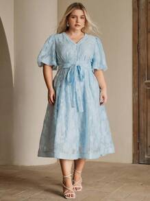 Anewsta Vestido de mujer de talla grande elegante con mangas abullonadas y lazo a la cintura en color azul fresco