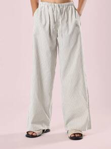 SUMWON 条纹阔腿夏季沙滩裤休闲抽绳度假装飘逸阔腿裤宽松版型 - 彩色 - 查看 1