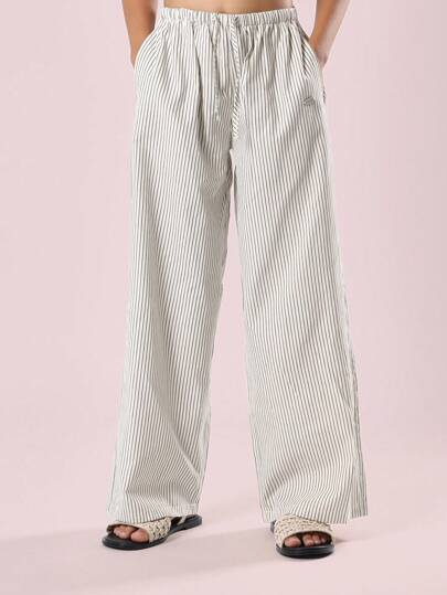 SUMWON 条纹阔腿夏季沙滩裤休闲抽绳度假装飘逸阔腿裤宽松版型