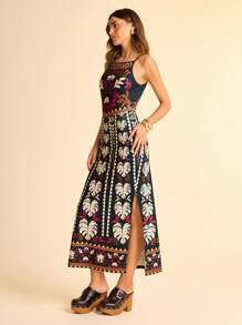 CAJUNI 女士热带植物印花休闲吊带连衣裙，适合度假 - 波西米亚风女装/女士西式服装/图案/休闲女士 - 彩色 - 查看 3