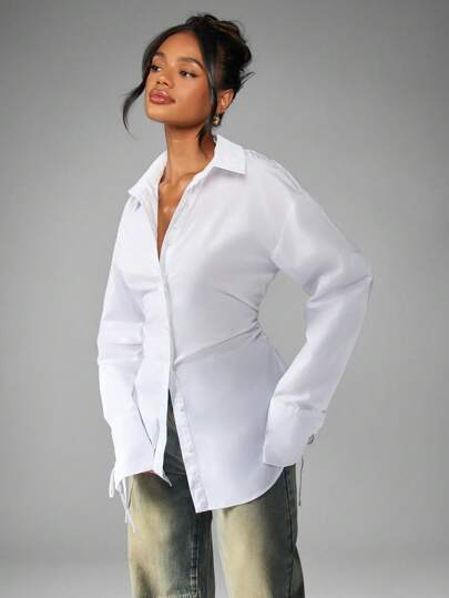 MISSGUIDED Classic White Button Down Office Blouse Professional Ruched Waist Tie Cuff Work Business Formal Collar Long Sleeve Smart Casual Career Top