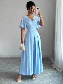 Elenzga Nuevo vestido casual y ligero de mujer con cuello en V de gasa, manga con volantes, botones al frente y dobladillo plisado, adecuado para ir al trabajo, citas, vacaciones y uso diario versátil, con efecto estilizador de la cintura y elegante