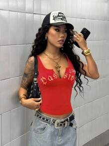 StreetHx 女士街头风印花水钻装饰紧身运动背心，简约春夏紧身款