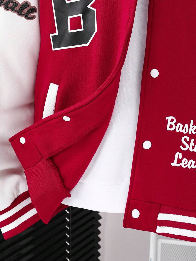 SHEIN Teen Boy Casual Vacation Slogan Print Contrast Color Long Sleeve Baseball Jacket Fall Winter - Burgundy - View 5