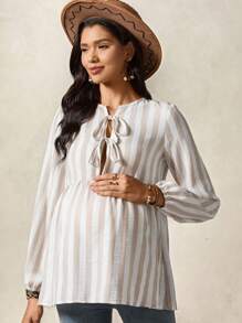 Boho Mama Pregnant Women Striped Front Tie Long Sleeve Ruffle Hem Casual Blouse - Khaki - View 6