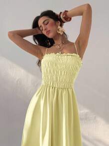 Aloruh Women's Solid Color Frill Trim Maxi Spaghetti Strap Dress, Vacation Style - Light Yellow - View 7
