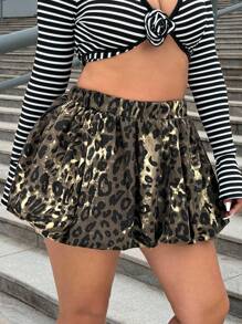 SHEIN ICON Plus Size Women Leopard Print Elastic Waist Ruched Denim Mini Skirt - Multicolor - View 6