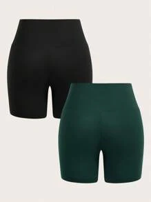 SHEIN EZwear 2 件黑色和橄榄绿色女士紧身休闲短款打底裤，适合夏季 - 彩色 - 查看 2