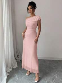 Modelyn 女士优雅法式网眼不对称肩部褶饰拼布下摆连衣裙，优雅 - 粉色 - 查看 7