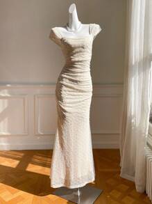 Comfortcana 女士时尚修身提花波点连衣裙香槟色连衣裙长款优雅连衣裙奶油色连衣裙 - 杏色 - 查看 5