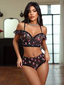 SHEIN Bộ đồ lót lưới có gọng họa tiết hoa 2 món dành cho nữ khi đi chơi - màu đen - Xem 5