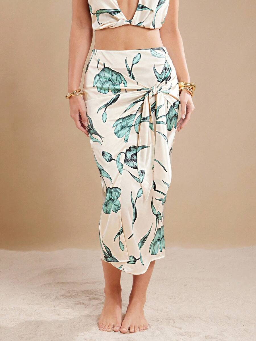 L'Amorae 女士节日花卉印花扭纹前中长裙 - 彩色 - 查看 1