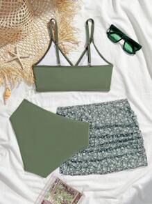 Tween Girls 3 PiecesFloral Bikini Set - Includes Camouflage Print Bikini Top, Bottom, And Ditsy Floral Skirt, Suitable For Summer Vacation - Army Green - View 2