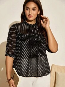 Nubod Áo cánh rộng in chấm bi thiết kế nút cho nữ cỡ lớn - màu đen - Xem 6