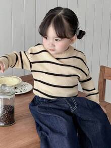 DAZY 女婴休闲条纹落肩毛衣，日常穿着 - 米色 - 查看 1